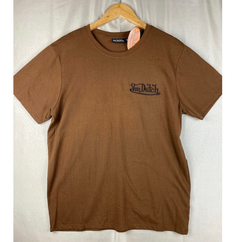 Von Dutch Shirt Mens Large Brown Embroidered Logo Short Sleeve Double Sided NWOT